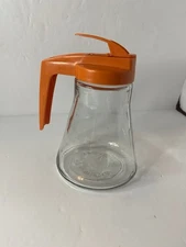 VINTAGE Dripcut Glass Syrup Dispenser Pitcher w/ Orange Plastic Spout