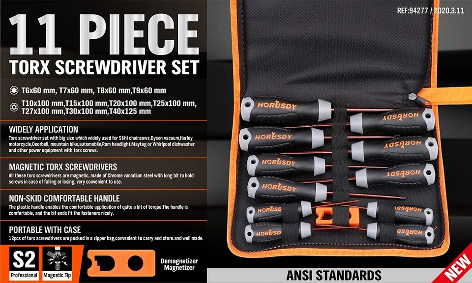 HORUSDY 12Pcs Magnetic Torx Screwdriver Set S2 T6-T40 Star Security Tamper Proof - Image 2 of 4