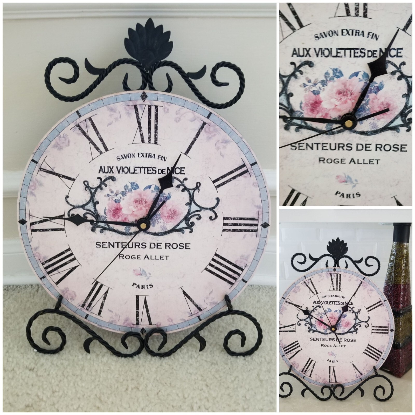 NOS~Iron Scroll~Paris~Senteurs De Rose~Roman Numerals Wall~Easel Counter Clock