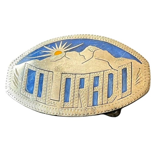 Vintage Western Belt Buckle Colorado Oval Etched Metal Blue Silver - Picture 11 of 11