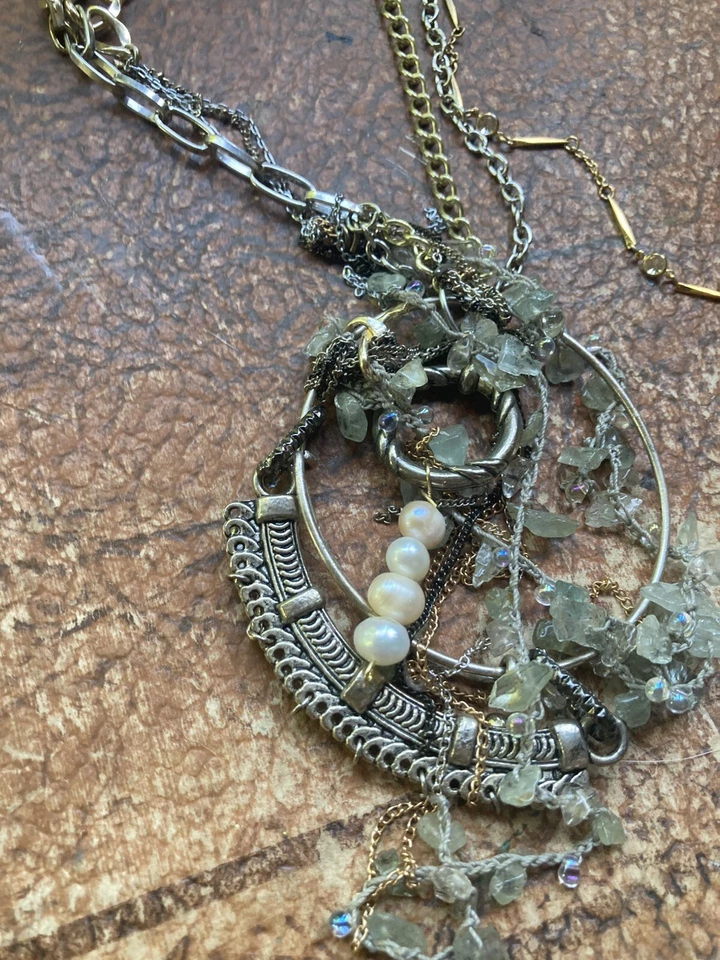 Piedra Verde Perla Plata Tono Dorado Étnico Largo Roble Hecho a Mano Elegante Foto 2 de 4