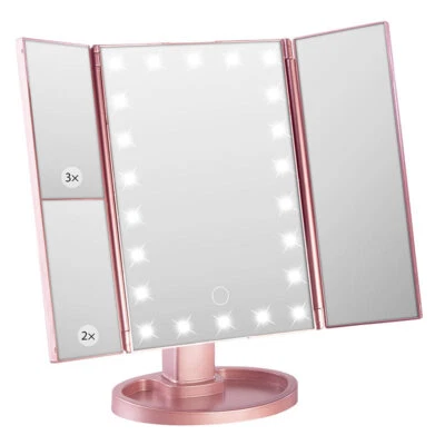 SICHLER BEAUTY Falt-Schminkspiegel mit Beleuchtung, 3x/2x/1x-Vergrößerung, roségold