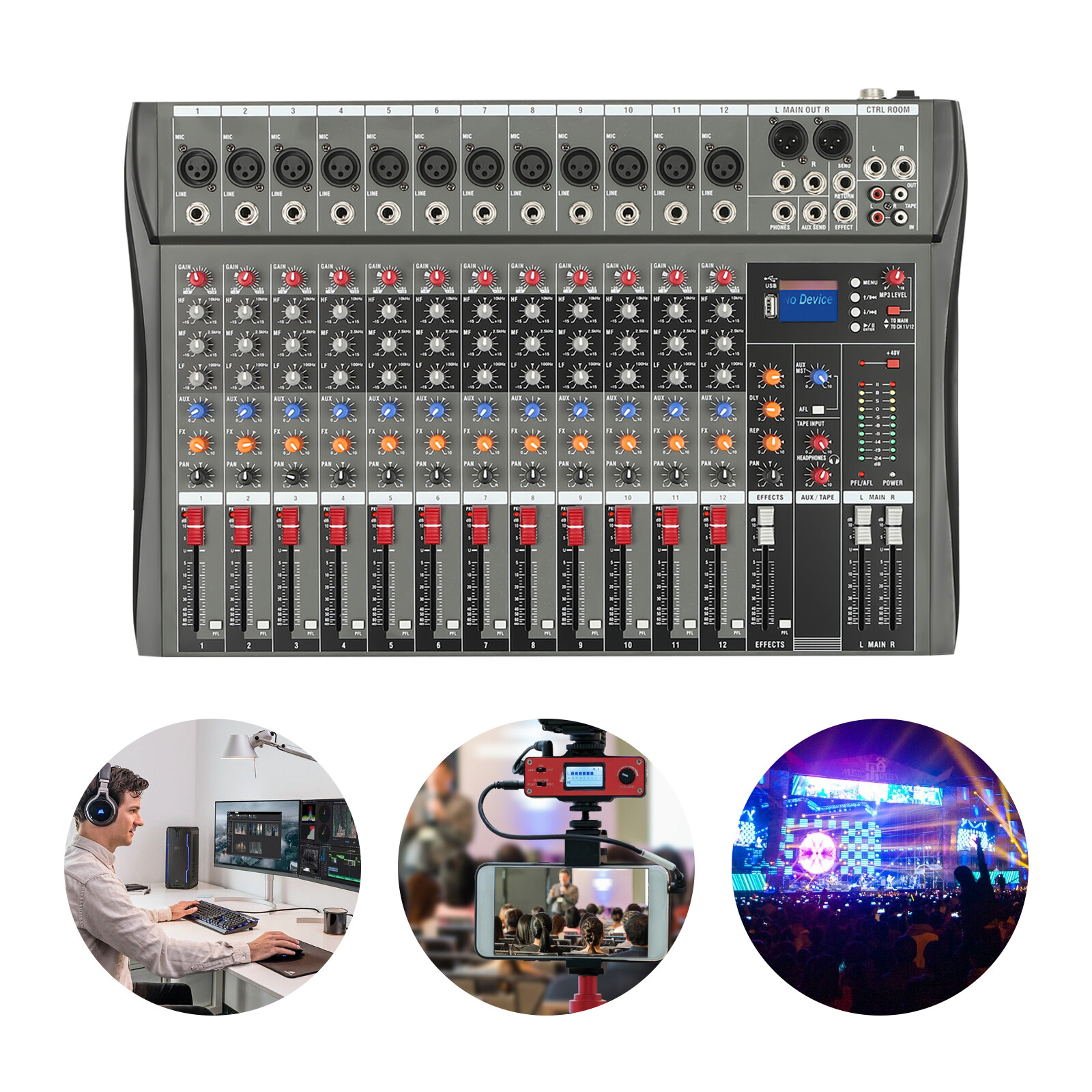 12 Channel Sound Audio Mixer Bluetooth USB DJ Live Studio Mixing Console Amplifi