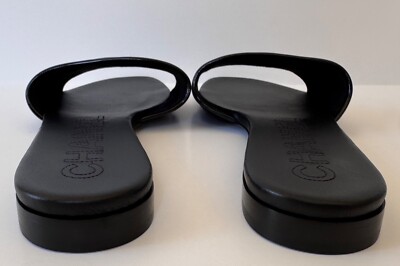 NEW 23P CHANEL BLACK MESH LEATHER CC LOGO MULES SLIDES FLATS
