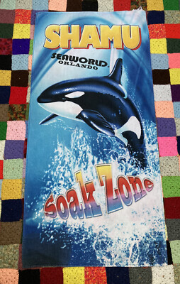 Vintage Sea World Beach Towel Shamu Soak Zone Souvenir Orlando 90s VTG Flaws