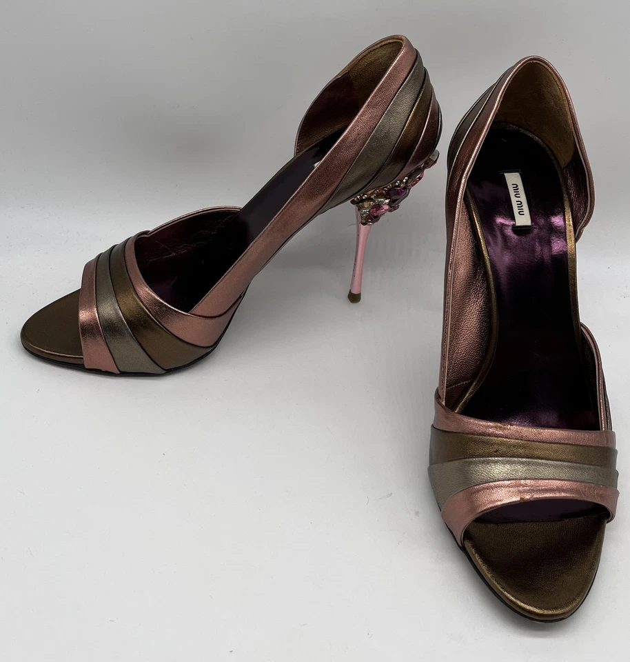 Miu Miu 2008 Cuero Multicolor D'Orsay Joya-Embellecido Peep Toe Tacón talla 38.5 Foto 3 de 4
