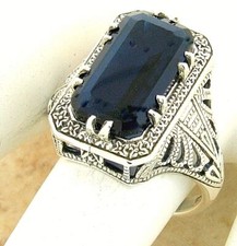 ART DECO STYLE 925 STERLING SILVER 4 CT ROYAL BLUE SIMULATED SAPPHIRE RING 1145