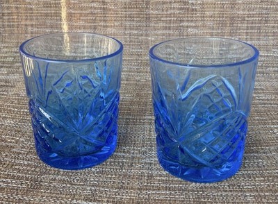 Vintage (2) Crystal Rocks Cobalt Blue Whiskey Old Fashion Low Ball Glasses