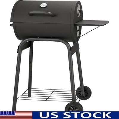 Large Barrel Charcoal Grill W/ Side Shelf Outdoor BBQ Cooking Thermometer Wheels