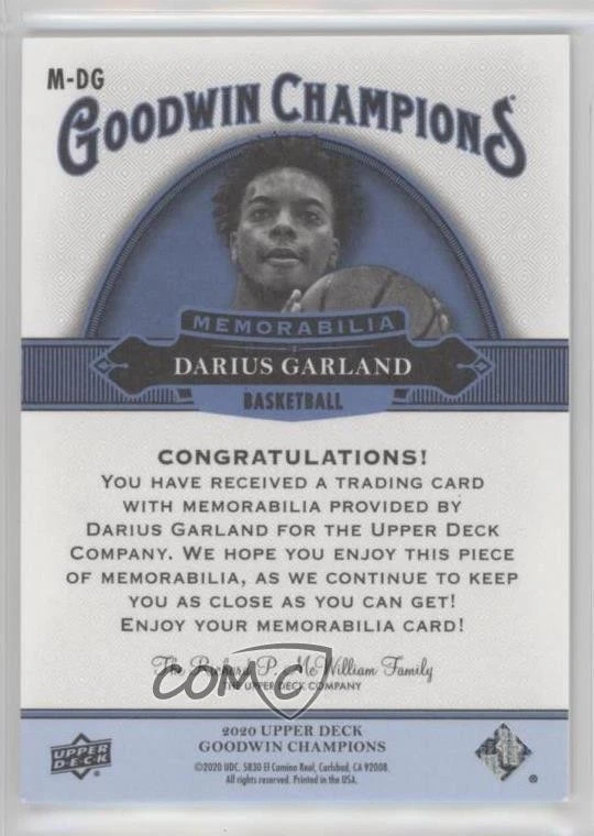 2020 Upper Deck Goodwin Champions Memorabilia Darius Garland #M-DG - Image 2 of 2
