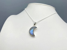 Natural Labradorite Gemstone Sterling Silver Half Moon Pendant With Silver Chain