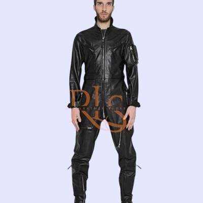 Men;s Leather Catsuit Real Lambskin Full Zipper Overall Bodysuit Classic Style