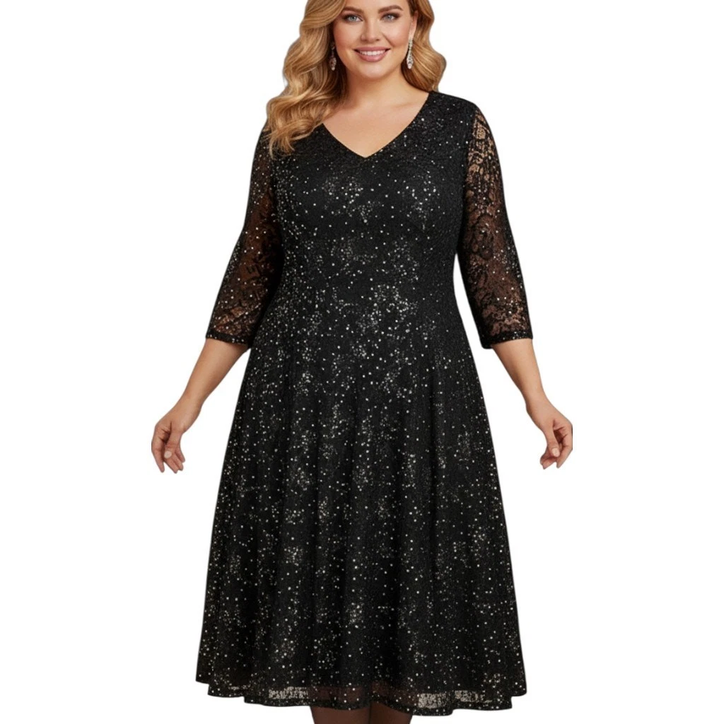 sachin and babi light blue dress Allover Mixed Beading 3/4-Sleeve Plus Size Gown