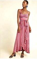 NEW Maeve Anthropologie Striped Ruffle Maxi Dress Pink Red Size Small NWOT