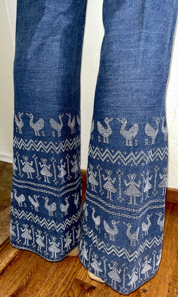 Винтажные джинсы 70-х темно-синий морской стиль Dungaree Flare Bell Bottoms племенная вышивка - Изображение 2 из 4