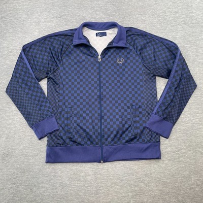 Vintage Fred Perry Track Jacket Mens Large Blue Check Track Top Full Zip
