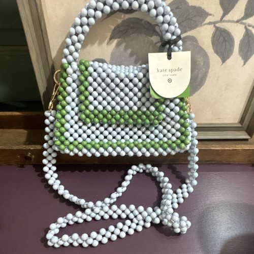 Kate Spade New York Blue/Green Striped Small Beaded Top Handle Bag w Strap