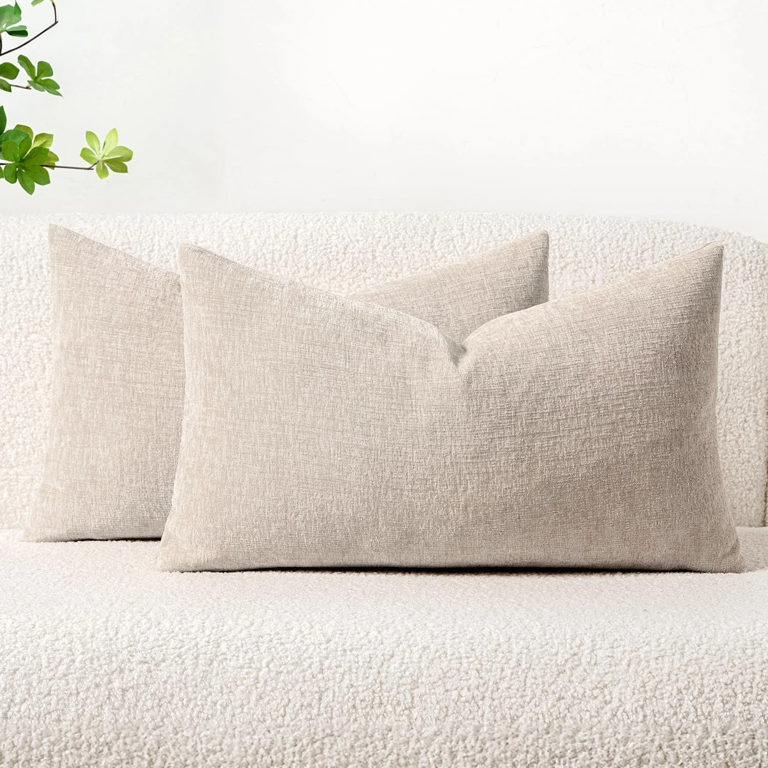 Pack of 2 Couch Throw Pillow Covers 12x20 Inch Soft Light Brown Chenille Pillow