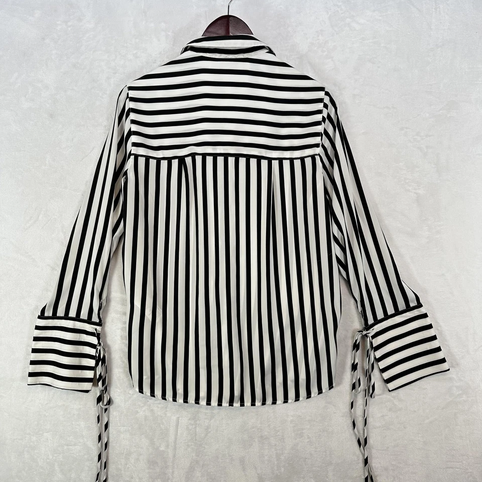 Camisa Topshop Mujer 6 Negro Blanco Rayas Manga Larga Botón Frontal Puño Corbata Foto 3 de 4