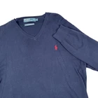 Mens Polo Ralph Lauren V-Neck Cotton Sweater Size Large Navy Blue Red Pony