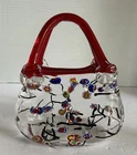 Vintage Red Art Glass Purse Vase Millefiori Murano Style Hand Blown  Painted