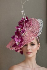 Kentucky Derby Ascot Pink White Mesh and Orchids Large Fascinator Headband