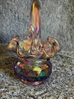 VTG Fenton Purple Iridescent Ruffled Edge Diamond Pattern Mini Basket w/ Sticker