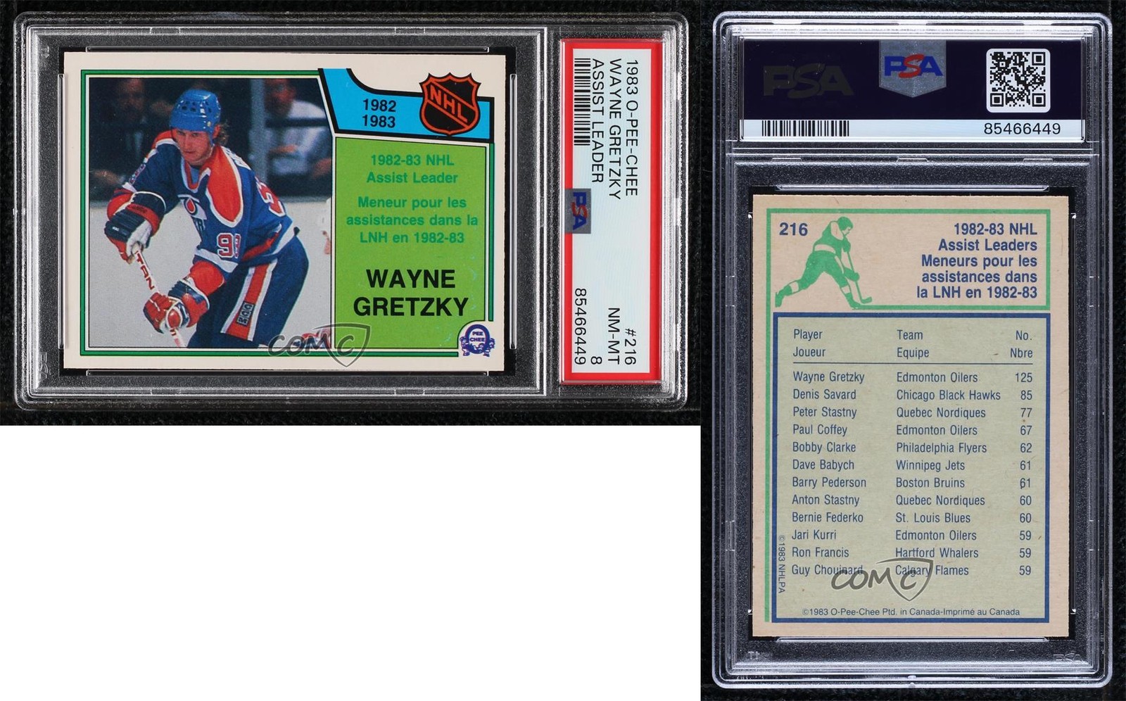 1983-84 O-Pee-Chee League Leaders Wayne Gretzky #216 PSA 8 HOF view 3