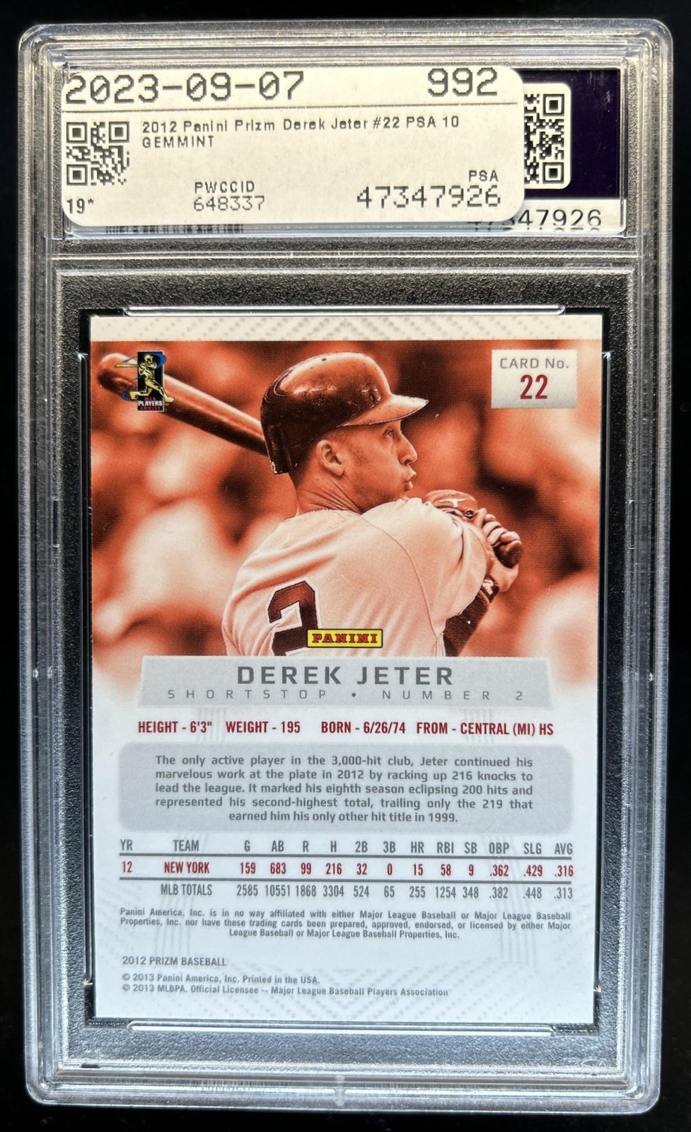 2012 Panini Prizm Derek Jeter #22 New York Yankees PSA 10 GEM MINT view 2