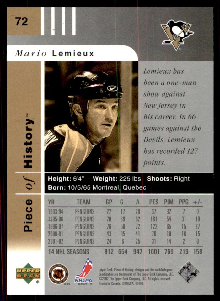 2002-03 Upper Deck Piece of History Mario Lemieux Pittsburgh Penguins #72 - Image 2 of 2