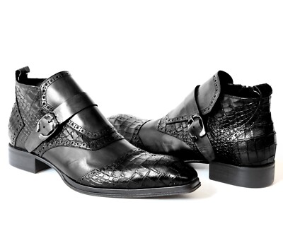 Jo Ghost 3996 Italian Black Leather W/Croc Print Ankle Boots With Zip  Buckle