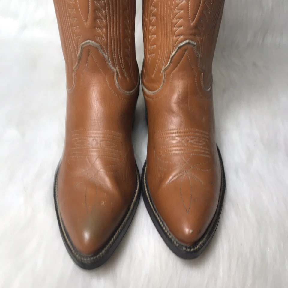 Tony Lama Womens 5 C Cowboy Cowgirl Boots Camel Brown Leather Tall Design J Toe - Image 4 of 4