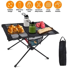 Folding Aluminum Camping Table with Mesh Storage Pockets & Dual Cup Holders
