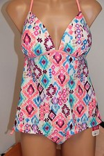 NWT Hula Honey Swimsuit Tankini 2pc set Sz L Multi Pink Push Up Tie Side