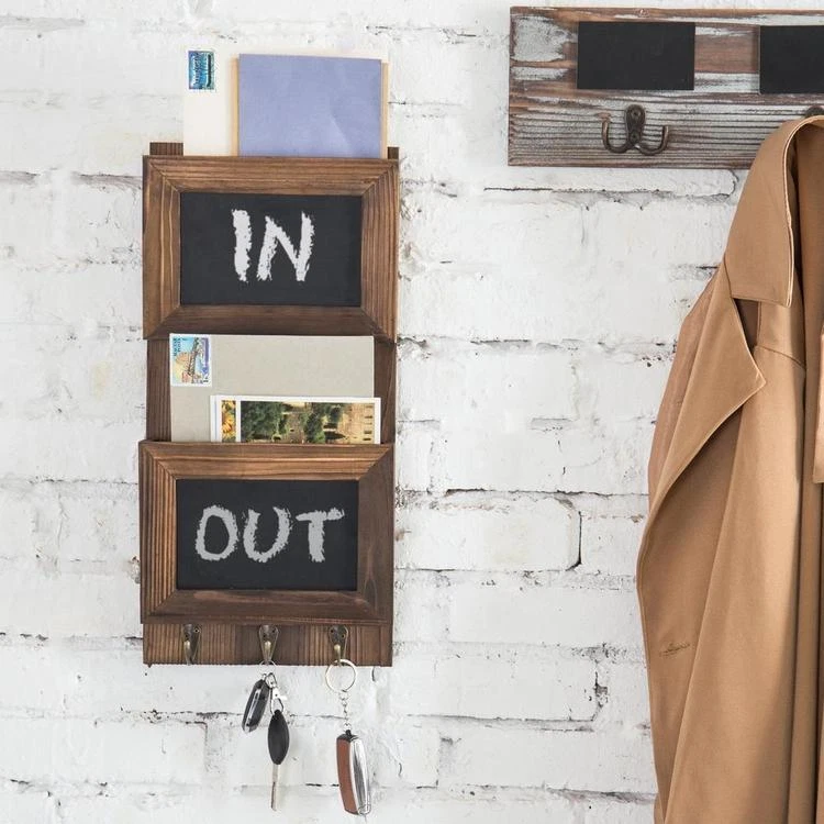 Brown Wood Wall Mounted Key & Mail Organizer with 2 Slots, Chalkboard & 3 Hooks - Image 4 of 4