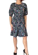 YAKIRA BELLA NAVY BLUE FLORAL A LINE FIT & FLARE 3/4 SLEEVE LINED DRESS XS