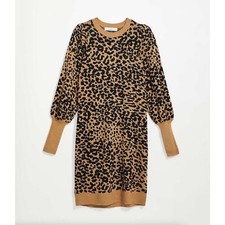 ANN TAYLOR LOFT Animal Print Jacquard Sweater Dress Tan Black Leopard {MM49}