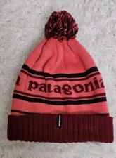 Patagonia Powder Town Beanie Salmon  Red Stripe Pom Pom Gently Used Unisex