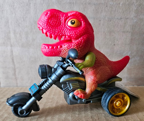 PUSH-N-GO BIG HEAD MINI 4X5 DINOSAUR RED ALLOSAURUS ON MOTORCYCLE