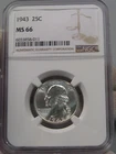 BU White GEM 1943 Silver Washington Quarter NGC MS66.  #26