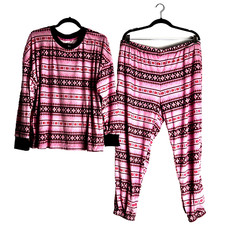 Joyspun Womens XL Two Piece Pajama Set Pink Burg Soft Stretch Velour w/Pockets