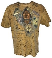 Vintage 90s Native American Chief Tie Dye T-Shirt XL Single Stitch Wolves NM