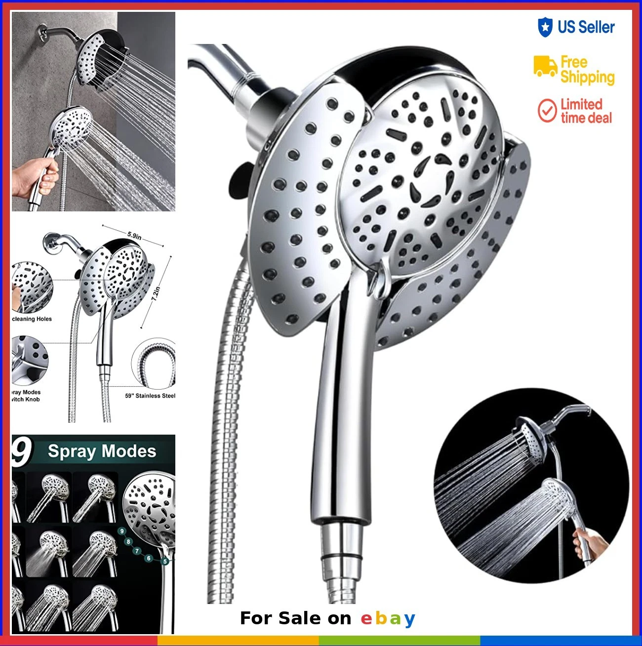 Dual Shower Head with Handheld 9 Spray Modes Rainfall High Pressure Chrome