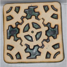 Pewabic Pottery Detroit Art Tile Industrial Gear Cog Design Signed 4.25”