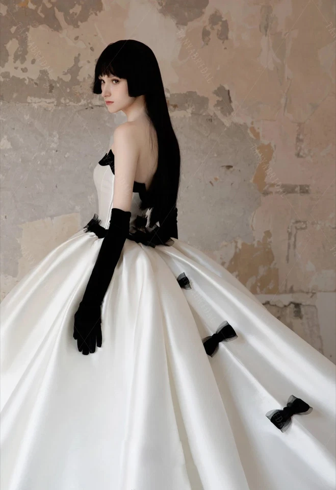 Satin A Line Wedding Dresses Simple Elegant Princess Bridal Gowns With Black Bow - Image 4 of 4