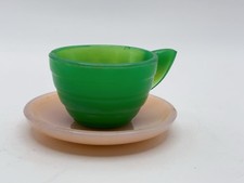 Green Miniature Akro Agate Round Cup and Pink Saucer Glass Toy Set 30s-50s