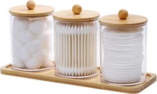 10 Oz Cotton Swab/Ball/Pad Holder with Vanity Tray, Qtip Apothecary Jar, Clear