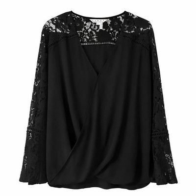 LANDA by Dora Landa Black Lace Blouse XL Sheer Sleeve Wrap V Neck Elegant Top