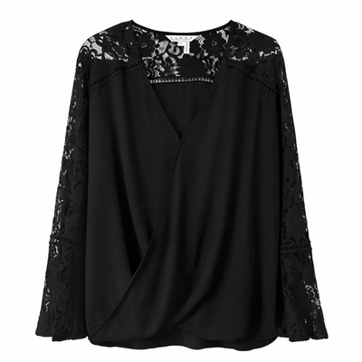 #ad LANDA by Dora Landa Black Lace Blouse XL Sheer Sleeve Wrap V Neck Elegant Top $15.00