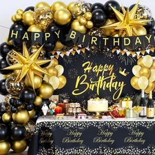 "71pcs Black & Gold Birthday Party Decorations Set - Backdrop, Tablecloth, Ballo